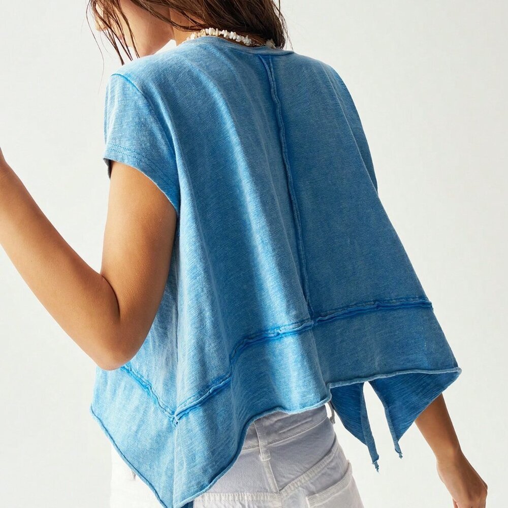 Blue Casual Women's Knitted Round Neck Short Sleeve Asymmetrical Hem T-Shirt - Picture 2 of 5